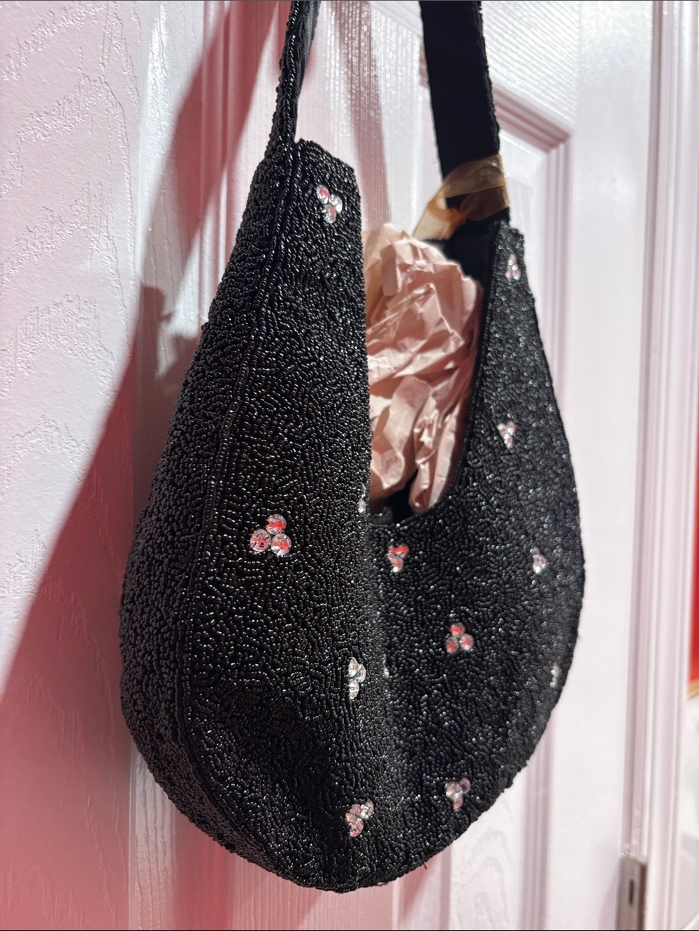 BNWT Made in India Embellished Black Beaded Shoulder Bag with Red & Clear Gems - Picture 8 of 8